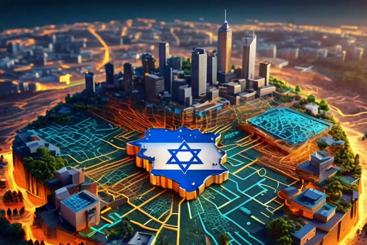 Vista de una ciudad futurista con un mapa en el centro que tiene la bandera de Israel y edificios modernos alrededor