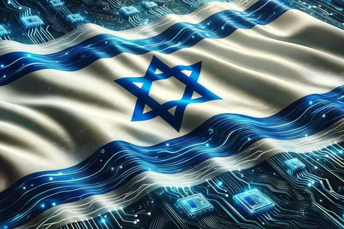 Flag of Israel waving over a background of electronic circuits and microchips representing advanced technology