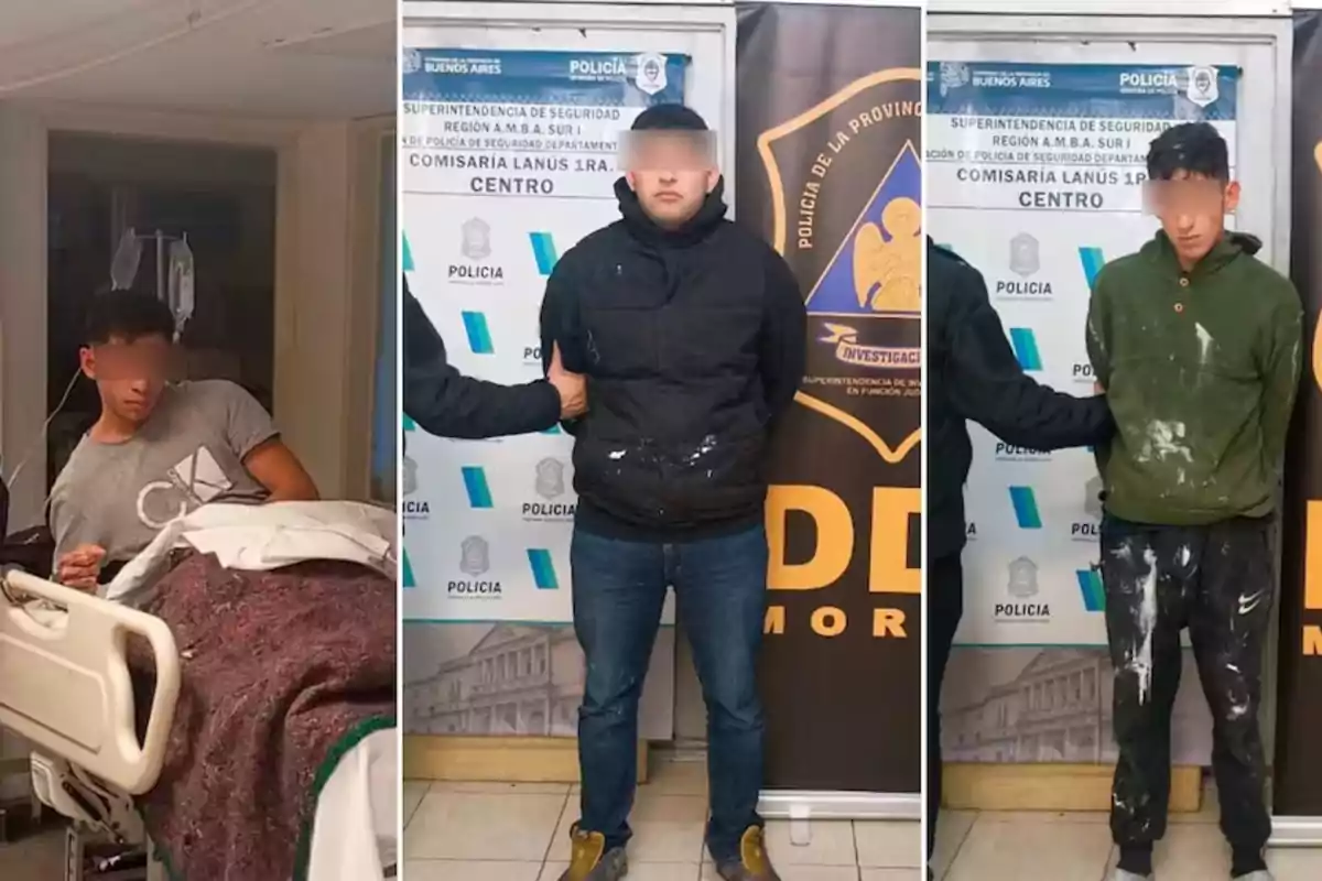 Tres jóvenes con el rostro difuminado, uno de ellos en una cama de hospital y los otros dos de pie, esposados y custodiados por la policía frente a un fondo institucional Tres jóvenes con el rostro difuminado, uno de ellos en una cama de hospital y los otros dos de pie, esposados y custodiados por la policía frente a un fondo institucional