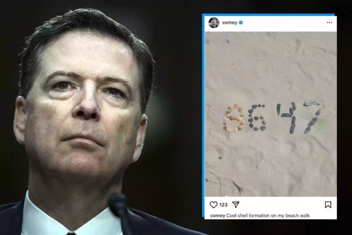 Hombre de expresión seria en primer plano con una imagen insertada de una publicación en redes sociales que muestra el número 8647 formado con conchas y piedras sobre la arena Hombre de expresión seria en primer plano con una imagen insertada de una publicación en redes sociales que muestra el número 8647 formado con conchas y piedras sobre la arena