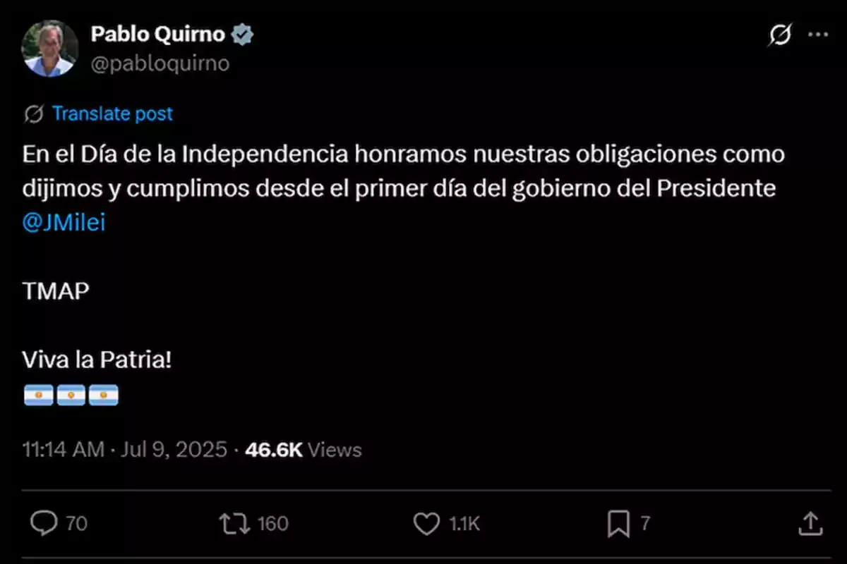 Publicación en Twitter de Pablo Quirno celebrando el Día de la Independencia y mencionando el cumplimiento de obligaciones desde el inicio del gobierno de Javier Milei con un mensaje patriótico y banderas de Argentina Publicación en Twitter de Pablo Quirno celebrando el Día de la Independencia y mencionando el cumplimiento de obligaciones desde el inicio del gobierno de Javier Milei con un mensaje patriótico y banderas de Argentina