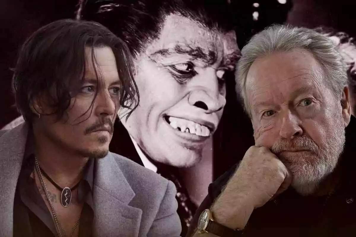 Dos hombres en primer plano con expresión seria y una imagen en blanco y negro de un personaje con sonrisa inquietante al fondo Dos hombres en primer plano con expresión seria y una imagen en blanco y negro de un personaje con sonrisa inquietante al fondo