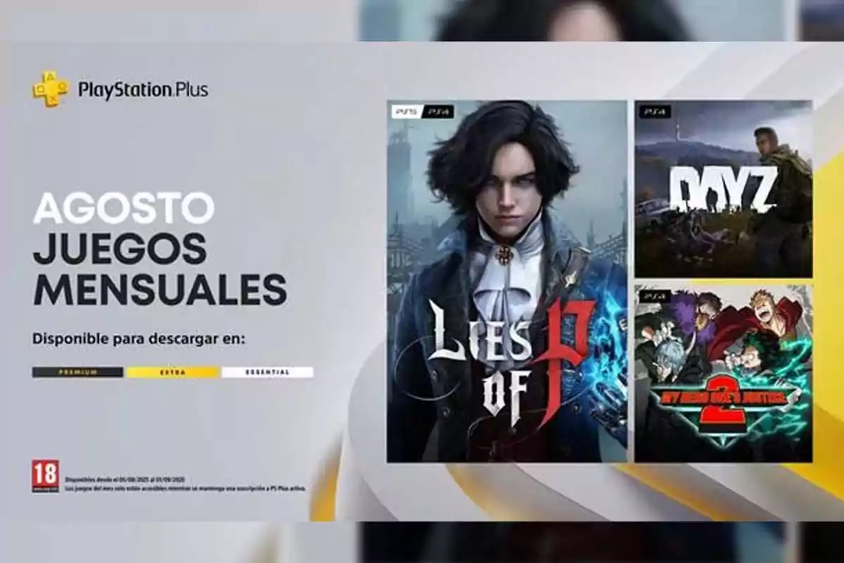 Promoción de PlayStation Plus con los juegos mensuales de agosto que incluye Lies of P, DayZ y My Hero One's Justice 2 para descargar en los niveles Premium, Extra y Essential Promoción de PlayStation Plus con los juegos mensuales de agosto que incluye Lies of P, DayZ y My Hero One's Justice 2 para descargar en los niveles Premium, Extra y Essential