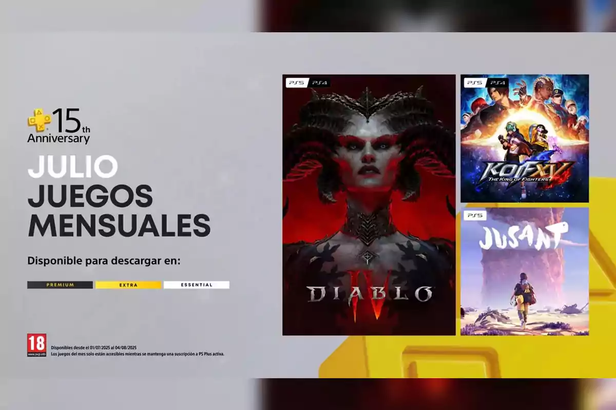Imagen promocional de PlayStation Plus anunciando los juegos mensuales de julio con las portadas de Diablo IV, The King of Fighters XV y Jusant disponibles para descargar en los planes Premium, Extra y Essential Imagen promocional de PlayStation Plus anunciando los juegos mensuales de julio con las portadas de Diablo IV, The King of Fighters XV y Jusant disponibles para descargar en los planes Premium, Extra y Essential