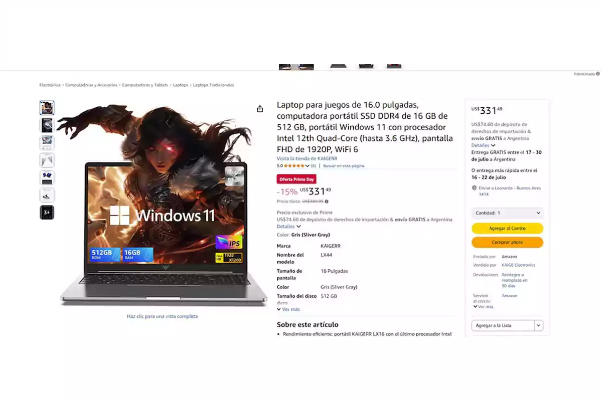 16-inch gaming laptop with Windows 11 on screen, 16 GB RAM and 512 GB storage specifications, Intel processor, and purchase details at an online store 16-inch gaming laptop with Windows 11 on screen, 16 GB RAM and 512 GB storage specifications, Intel processor, and purchase details at an online store