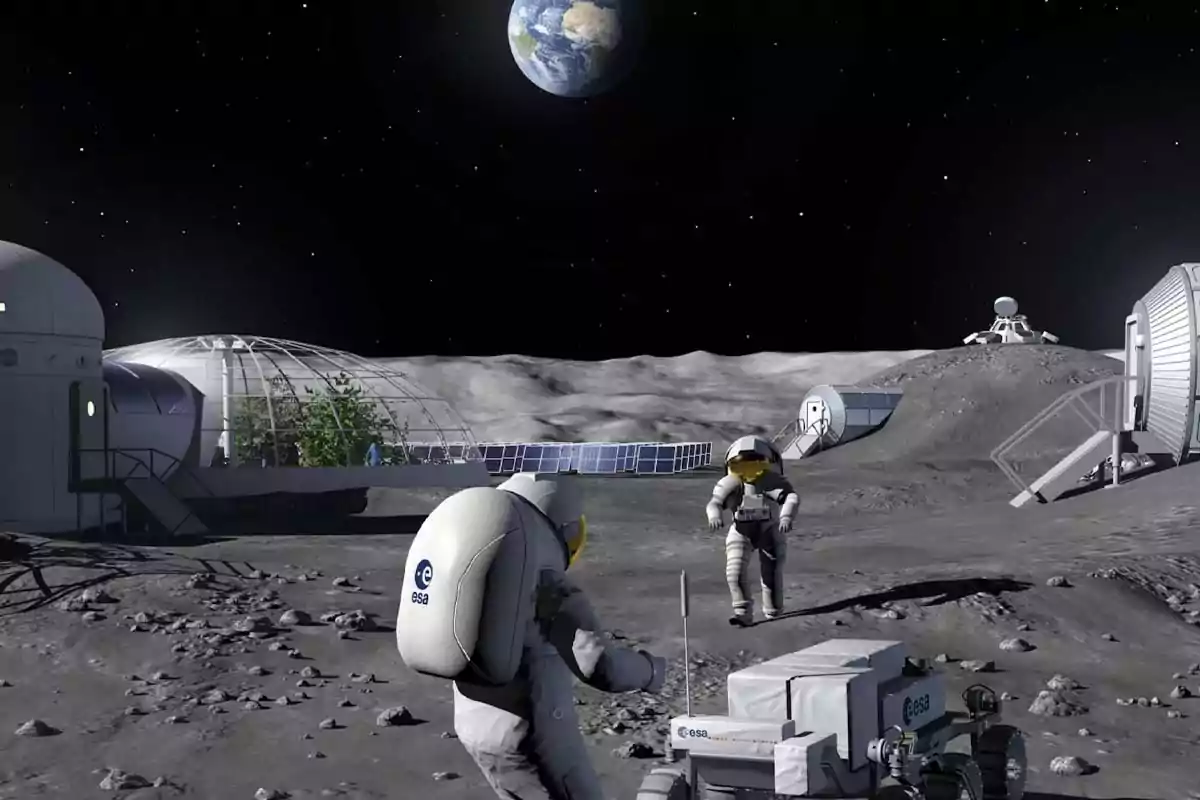 Astronautas trabajando en una base lunar con módulos habitacionales, invernadero y vehículos, mientras la Tierra se observa en el cielo oscuro. Astronautas trabajando en una base lunar con módulos habitacionales, invernadero y vehículos, mientras la Tierra se observa en el cielo oscuro.