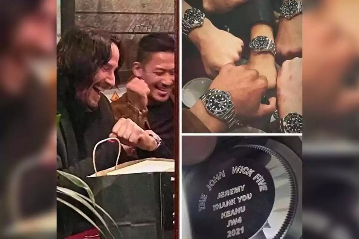 A smiling man hands out watches to several people who display them on their wrists, and one of the watches has a personalized engraving on the back. A smiling man hands out watches to several people who display them on their wrists, and one of the watches has a personalized engraving on the back.