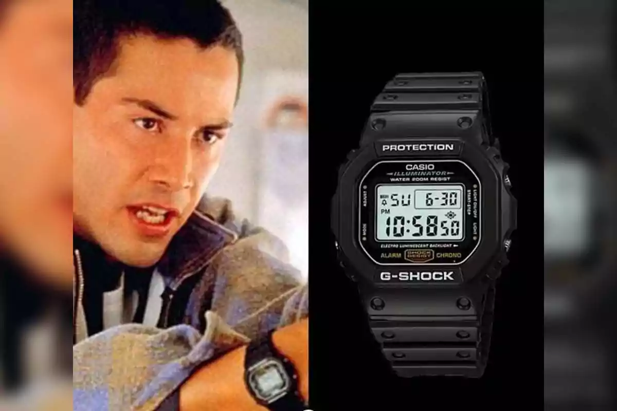 A man with a serious expression looks straight ahead while wearing a black digital watch on his wrist, next to an enlarged image of the same Casio G-Shock watch model against a black background. A man with a serious expression looks straight ahead while wearing a black digital watch on his wrist, next to an enlarged image of the same Casio G-Shock watch model against a black background.