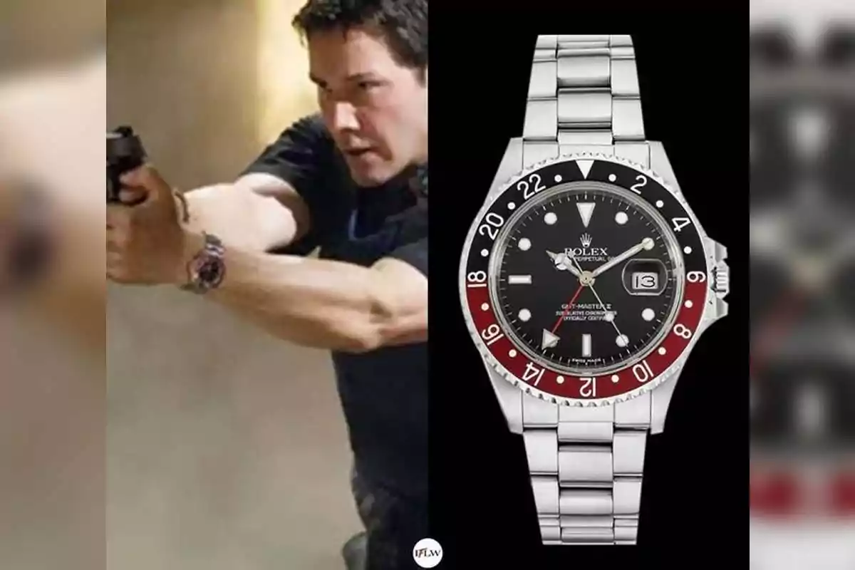 A man points a gun while wearing a wristwatch similar to the Rolex GMT-Master II shown on the right side of the image. A man points a gun while wearing a wristwatch similar to the Rolex GMT-Master II shown on the right side of the image.