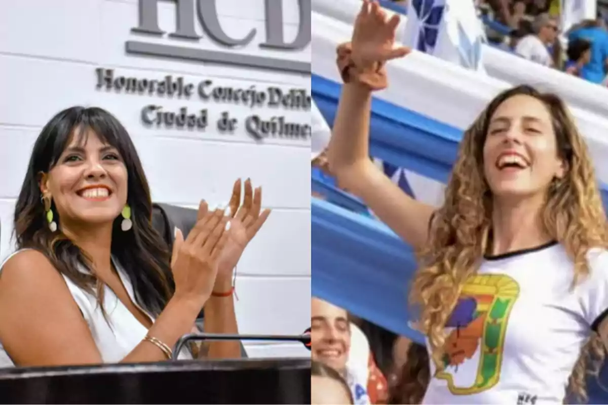 Two smiling women, one applauding in an institutional setting and the other celebrating at an outdoor event with a flag in the background.