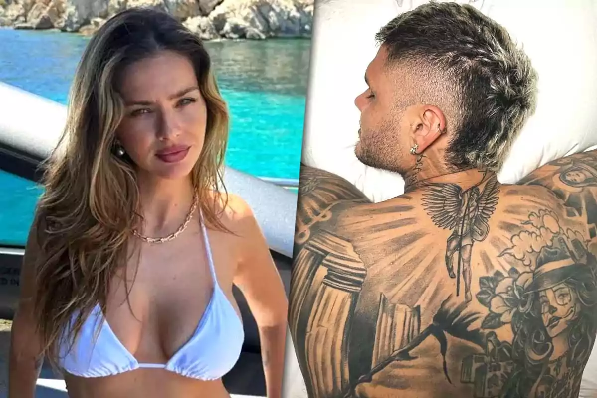 A woman in a white bikini posing on a boat in front of the sea and a man with his back turned showing tattoos on his back and neck