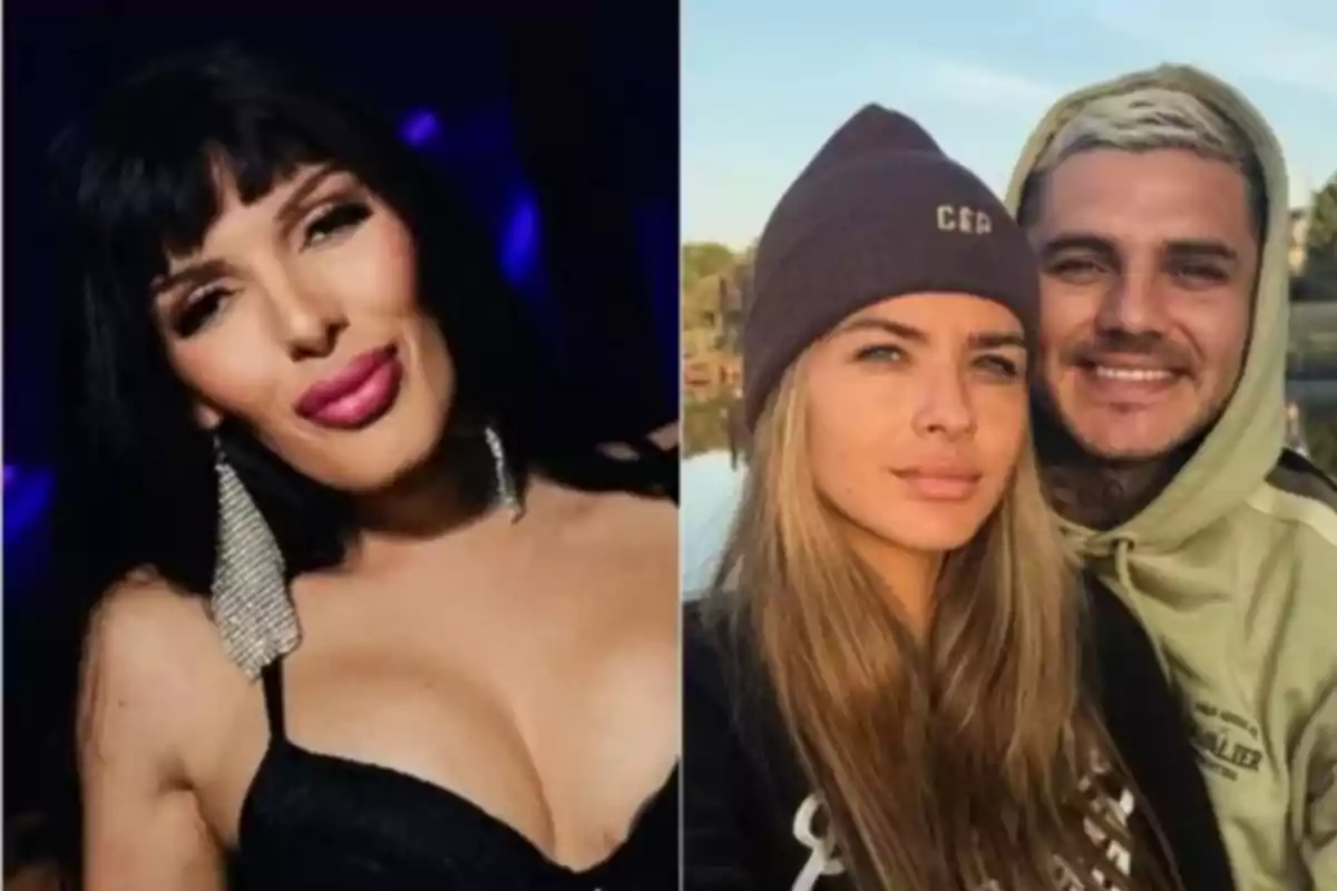 Una mujer con cabello oscuro y labios maquillados posa en un ambiente nocturno mientras en la otra mitad de la imagen una pareja joven sonríe al aire libre junto a un lago