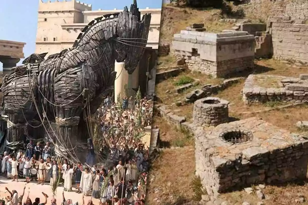 Imagen dividida en dos partes, a la izquierda una representación del caballo de Troya rodeado de personas y a la derecha ruinas arqueológicas de piedra en un terreno seco