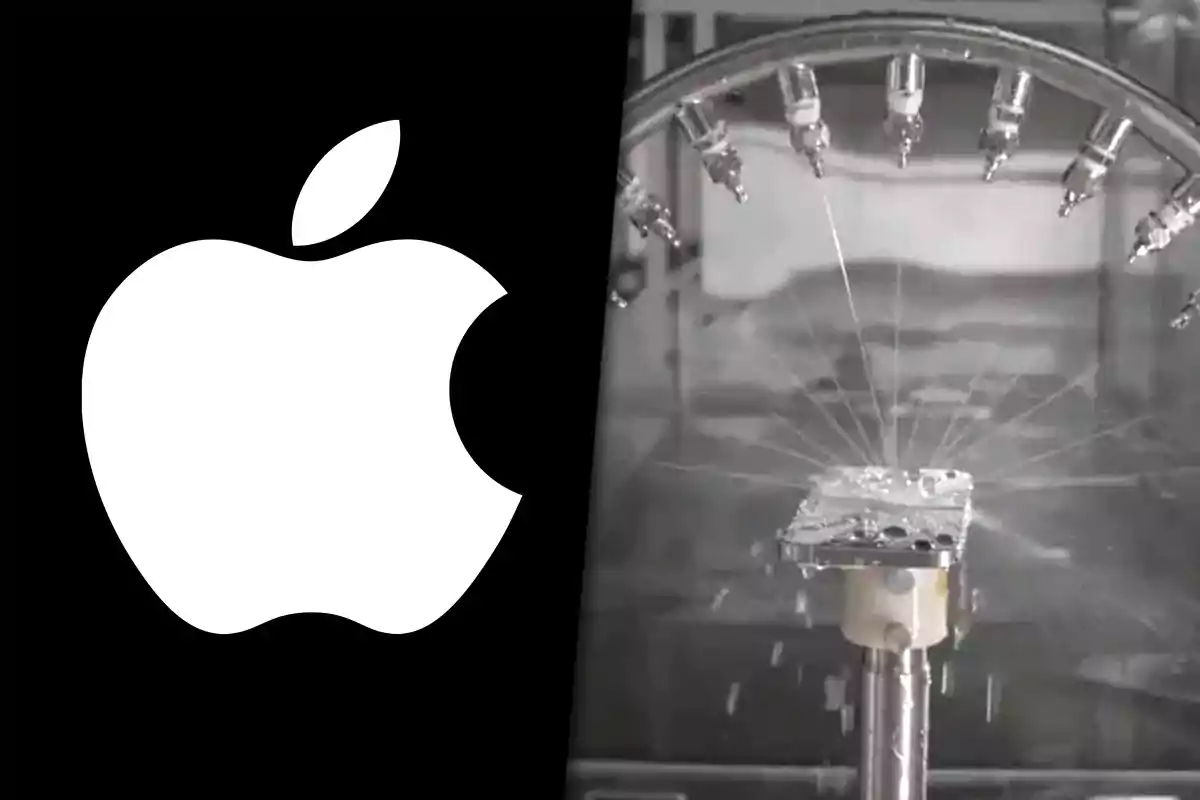 Apple logo next to a phone undergoing a water resistance test