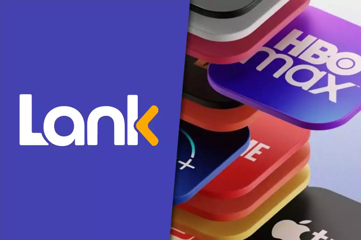 Lank logo on the left over a purple background and on the right a stack of streaming app icons such as HBO Max and Apple TV