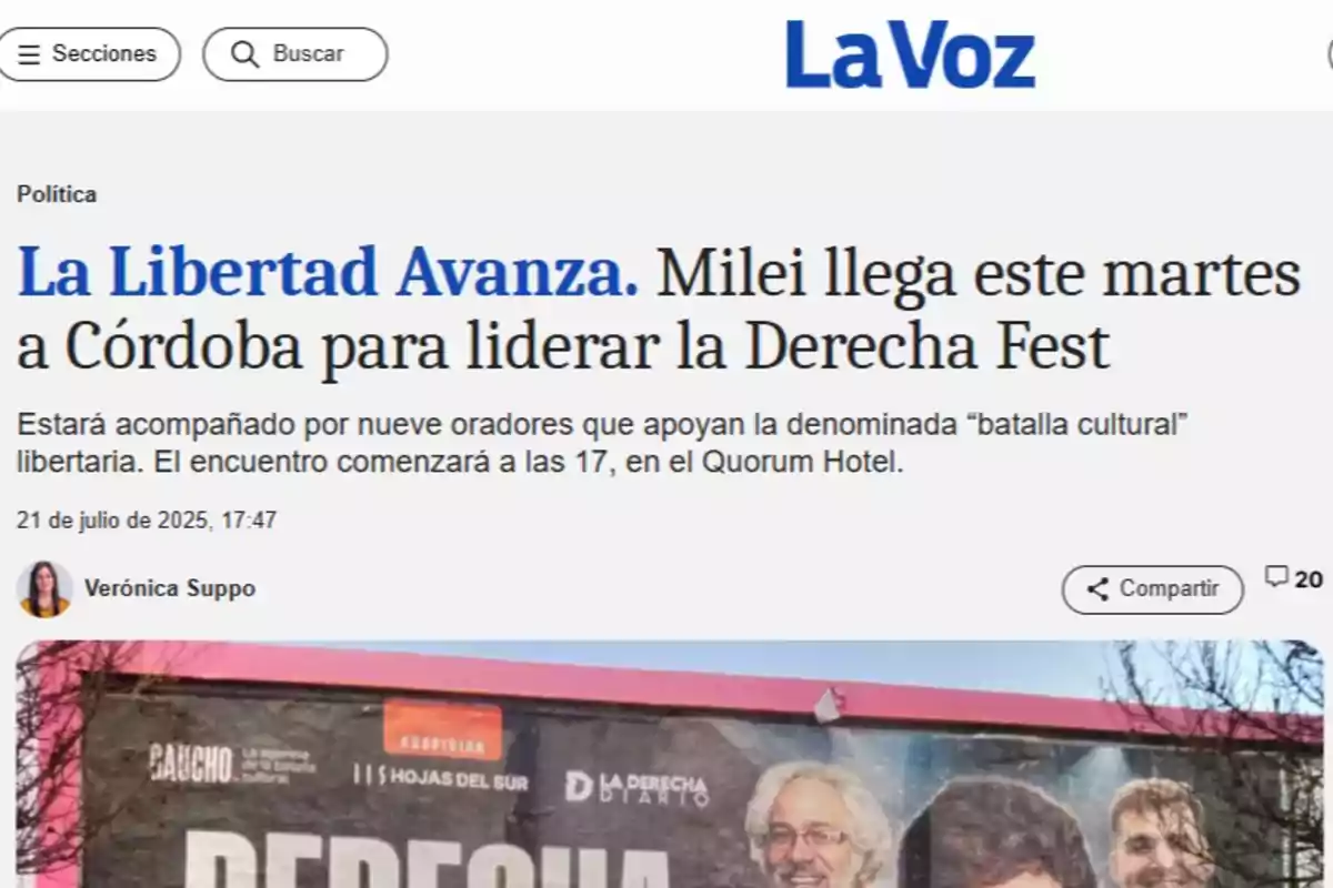 Front page of a news article from the newspaper La Voz announcing Milei’s arrival in Córdoba to lead an event called Derecha Fest, accompanied by several speakers and with details about the date, time, and location of the gathering.