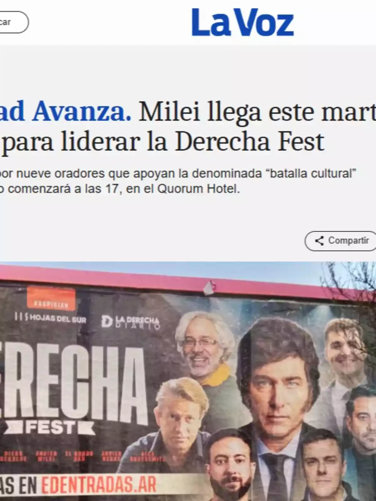 Front page of La Voz newspaper with a headline about Milei’s arrival in Córdoba to lead an event called Derecha Fest and an image of a promotional poster featuring several speakers Front page of La Voz newspaper with a headline about Milei’s arrival in Córdoba to lead an event called Derecha Fest and an image of a promotional poster featuring several speakers