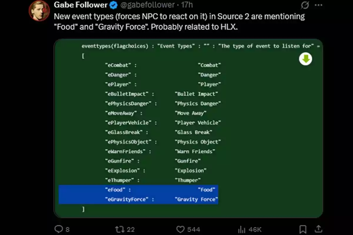 Captura de pantalla de un tuit que muestra una lista de tipos de eventos en el código de Source 2, destacando los nuevos eventos Captura de pantalla de un tuit que muestra una lista de tipos de eventos en el código de Source 2, destacando los nuevos eventos