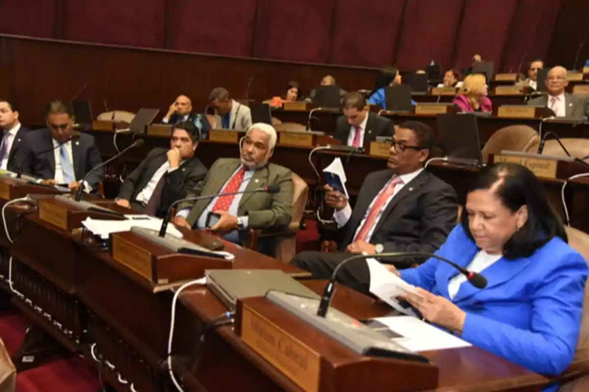Varios legisladores sentados en sus escritorios durante una sesión en un congreso, algunos leyendo documentos y otros observando atentamente