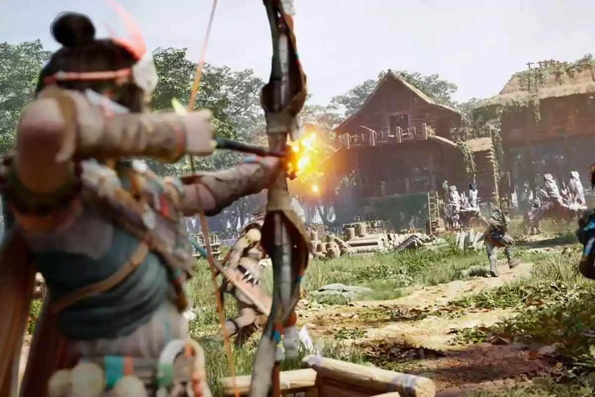 Persona con vestimenta tribal disparando una flecha encendida con un arco en dirección a un grupo de enemigos frente a una aldea de casas de madera rodeada de vegetación Persona con vestimenta tribal disparando una flecha encendida con un arco en dirección a un grupo de enemigos frente a una aldea de casas de madera rodeada de vegetación