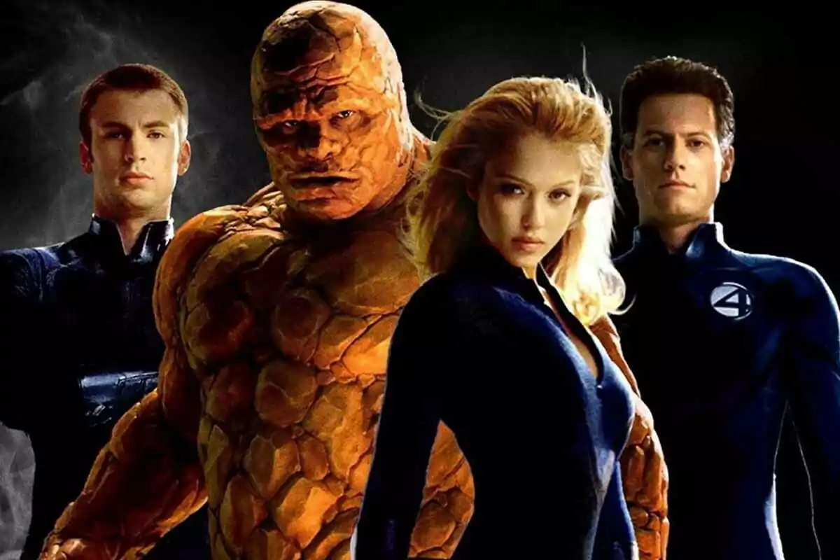 Four superheroes from the Fantastic Four posing together in their signature costumes with a dark background Four superheroes from the Fantastic Four posing together in their signature costumes with a dark background