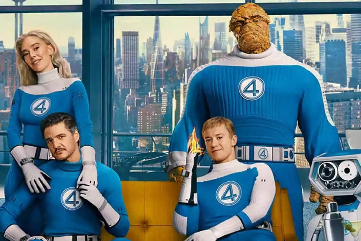 Four people dressed as the Fantastic Four characters pose in a room overlooking the city; one of them has a flaming hand and another has a rocky appearance. Four people dressed as the Fantastic Four characters pose in a room overlooking the city; one of them has a flaming hand and another has a rocky appearance.