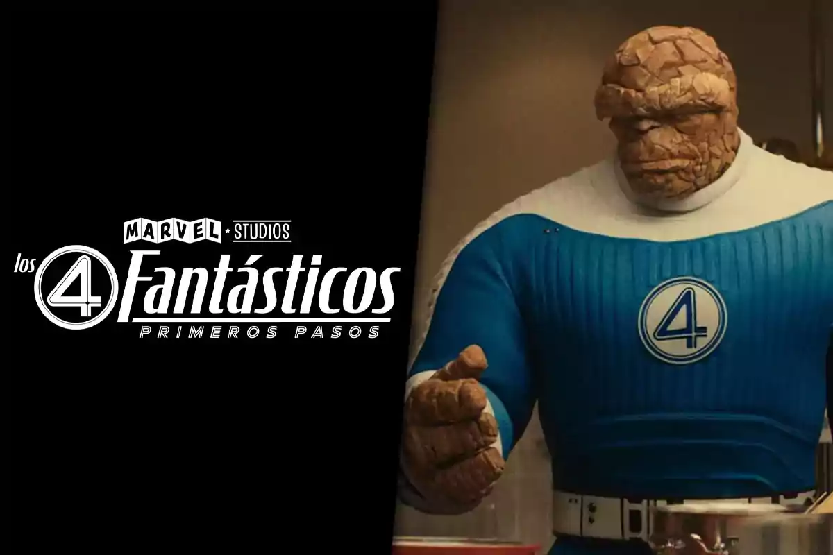 Character from the Fantastic Four with rocky skin and a blue suit next to the logo of the Marvel Studios movie Fantastic Four: First Steps