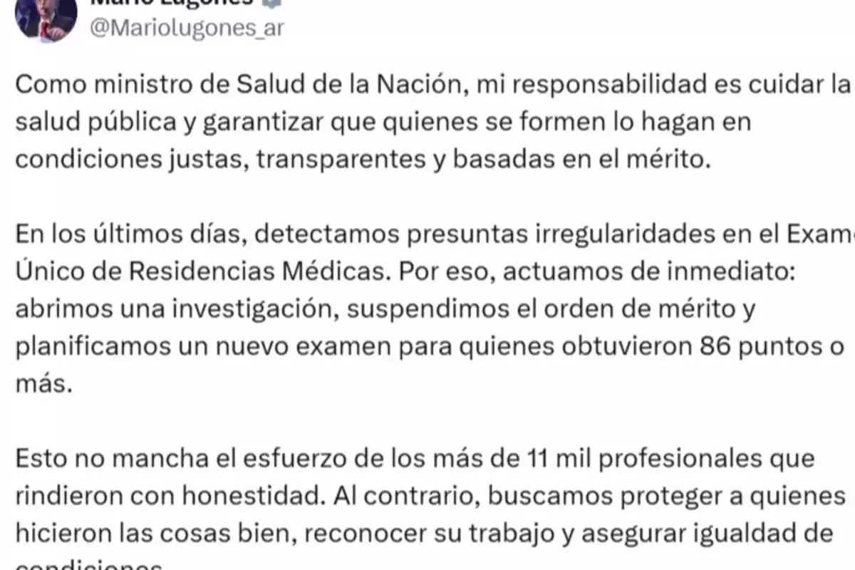 Publicación en redes sociales de un funcionario de salud explicando la detección de irregularidades en un examen de residencias médicas, la suspensión del orden de mérito y la organización de un nuevo examen para garantizar transparencia y justicia. Publicación en redes sociales de un funcionario de salud explicando la detección de irregularidades en un examen de residencias médicas, la suspensión del orden de mérito y la organización de un nuevo examen para garantizar transparencia y justicia.