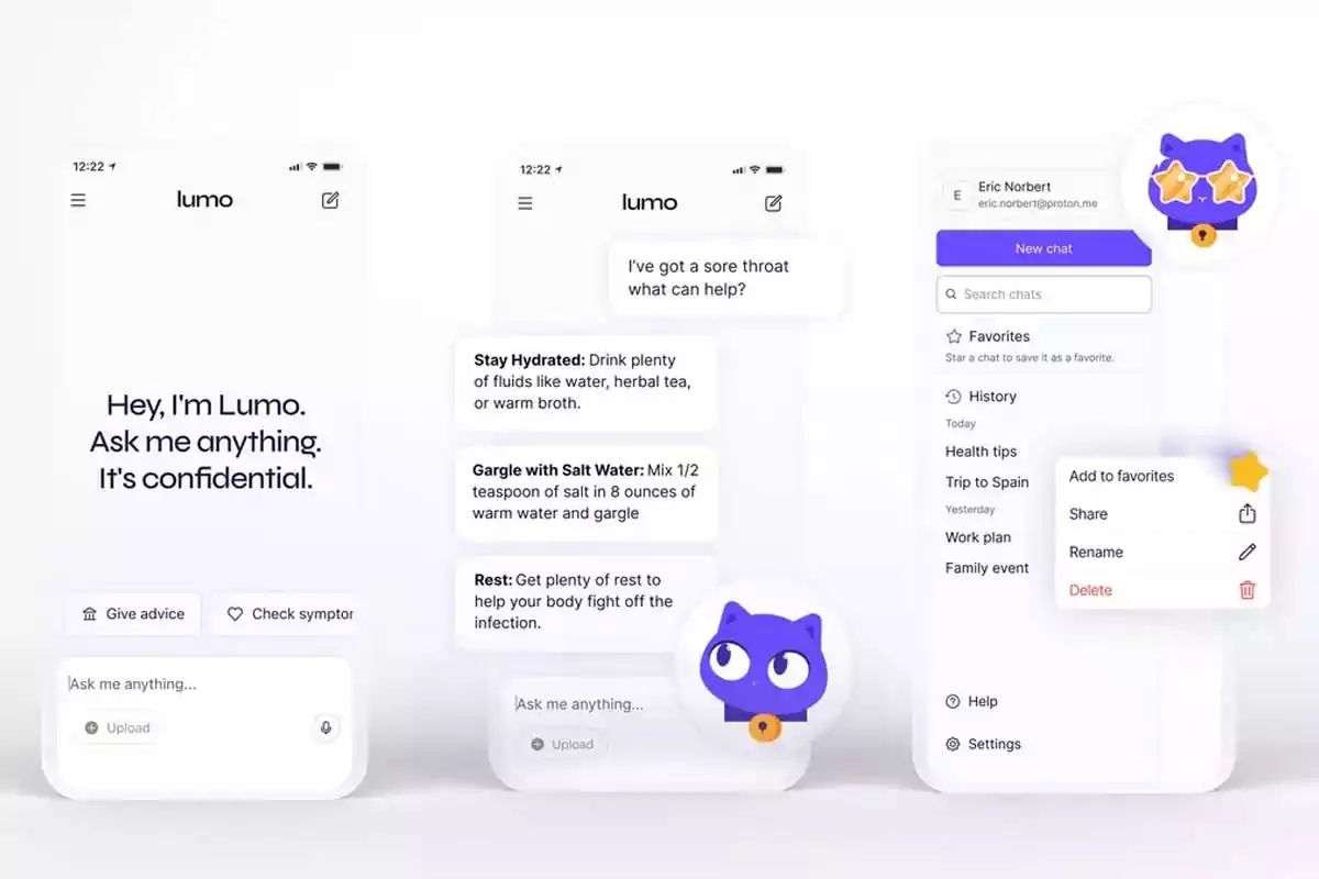 Interfaz de una aplicación móvil llamada Lumo que ofrece consejos de salud y permite guardar chats como favoritos, con un diseño minimalista y un personaje de gato morado. Interfaz de una aplicación móvil llamada Lumo que ofrece consejos de salud y permite guardar chats como favoritos, con un diseño minimalista y un personaje de gato morado.