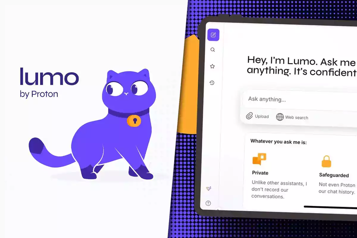 Ilustración de un gato morado con collar amarillo junto al logotipo de Lumo by Proton y una pantalla de interfaz de chat en un dispositivo electrónico.