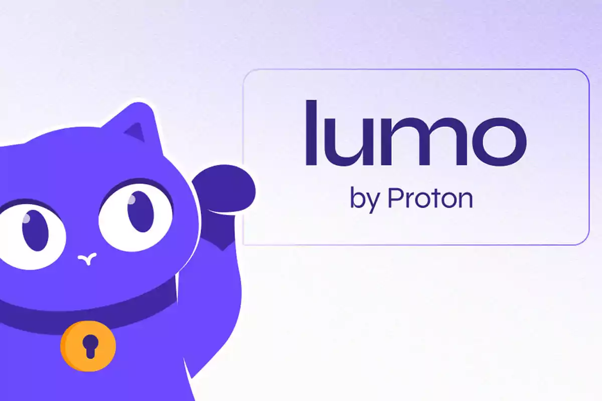 Gato morado animado con collar de candado amarillo junto al texto lumo by Proton sobre fondo degradado púrpura. Gato morado animado con collar de candado amarillo junto al texto lumo by Proton sobre fondo degradado púrpura.