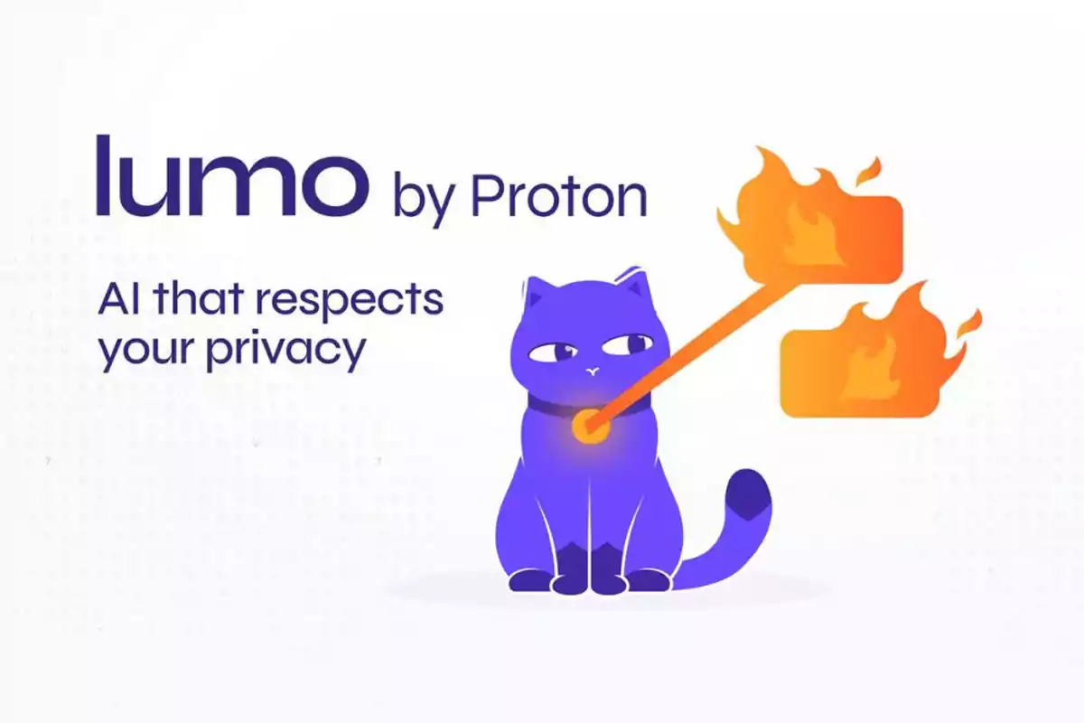 Ilustración de un gato morado con expresión seria lanzando fuego hacia dos carpetas en llamas junto al texto lumo by Proton AI that respects your privacy Ilustración de un gato morado con expresión seria lanzando fuego hacia dos carpetas en llamas junto al texto lumo by Proton AI that respects your privacy