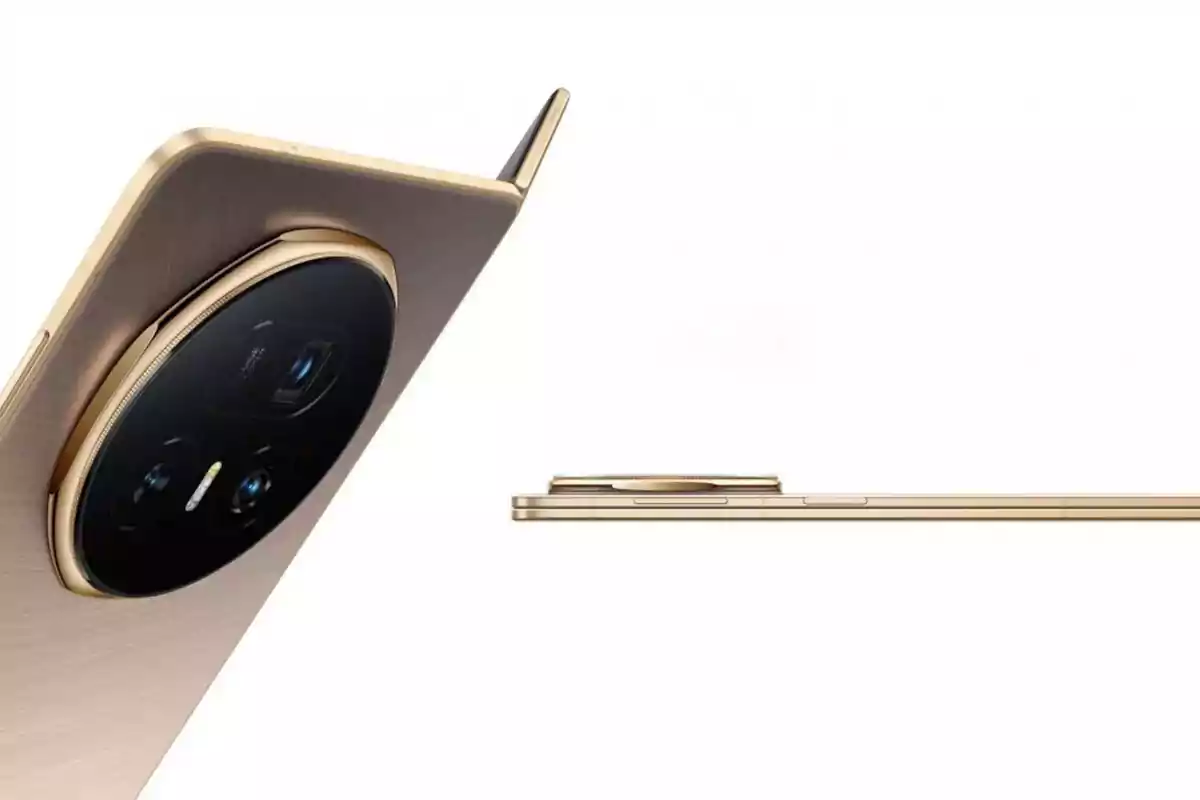 Golden smartphone with a large circular camera module seen up close and in profile against a white background Golden smartphone with a large circular camera module seen up close and in profile against a white background