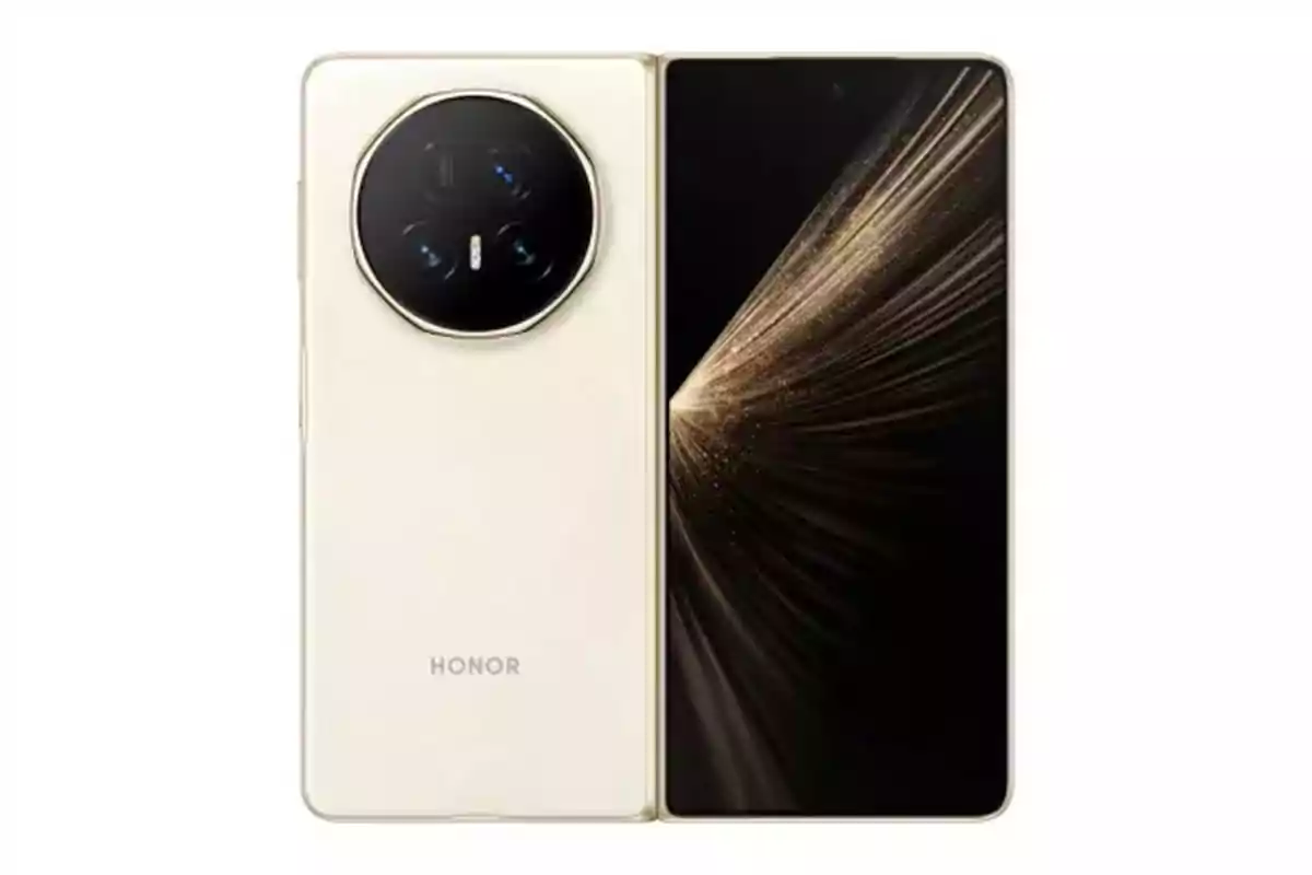 Honor Magic V2 foldable phone in gold color showing the back with camera module and the main screen open Honor Magic V2 foldable phone in gold color showing the back with camera module and the main screen open