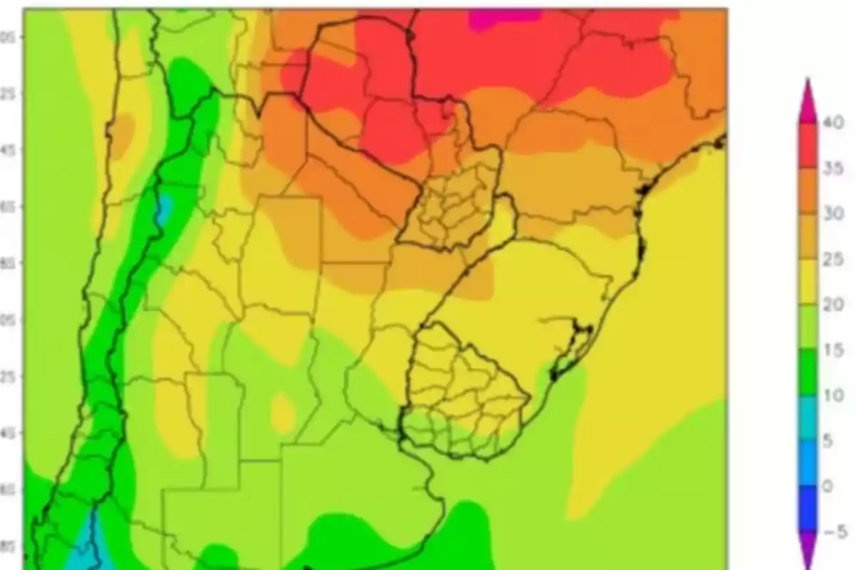 Map of South America with color gradients representing different temperature ranges Map of South America with color gradients representing different temperature ranges