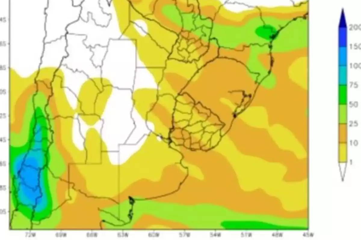 Map of South America with a color scale representing different levels of precipitation in the region Map of South America with a color scale representing different levels of precipitation in the region