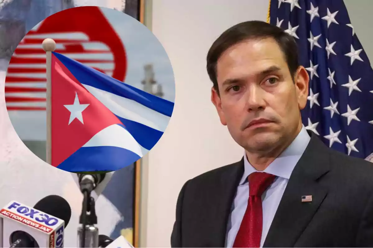 Hombre de traje con una bandera de Estados Unidos detrás y un recuadro con la bandera de Cuba en primer plano