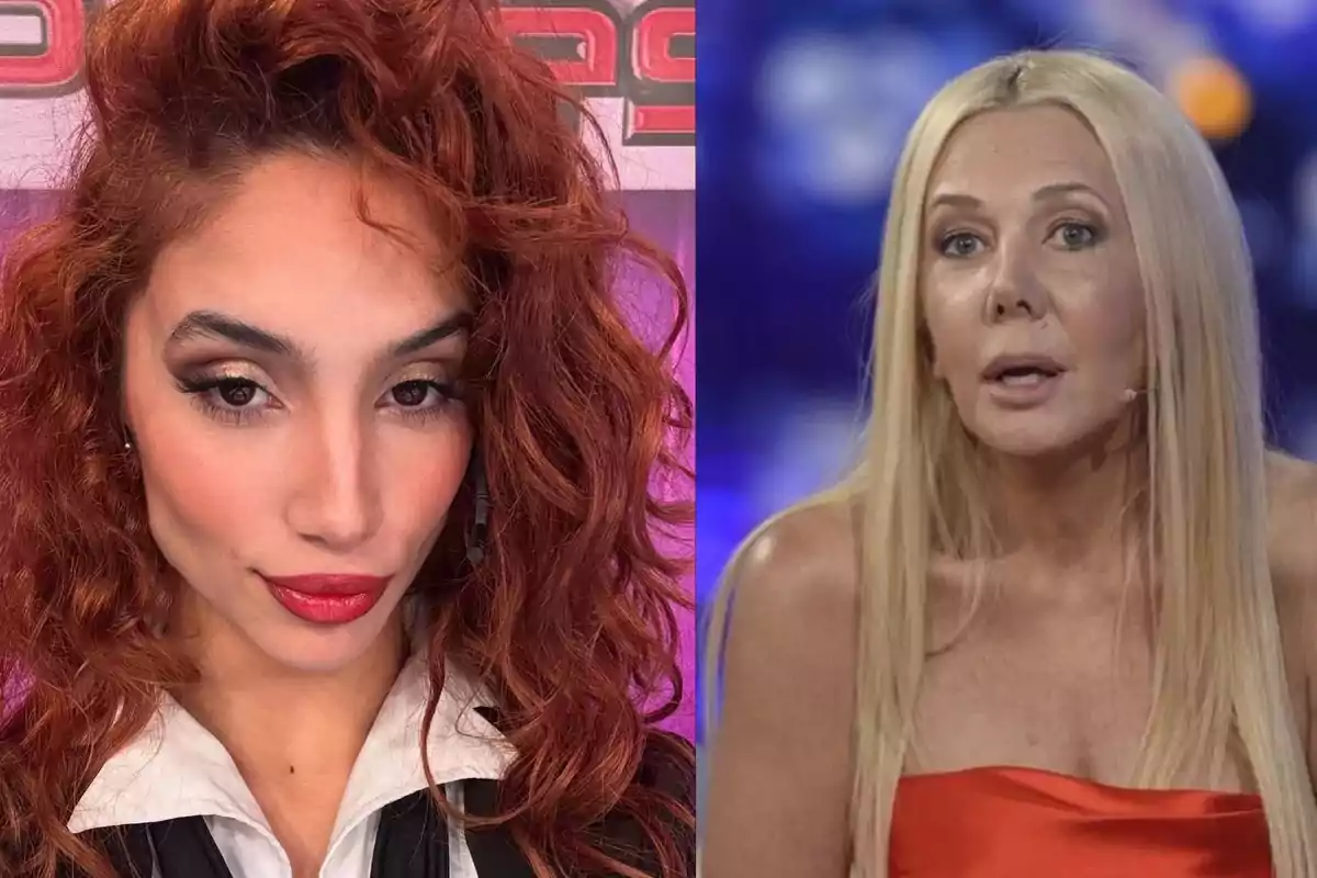 Two women pose in the foreground, one with curly red hair and the other with straight blonde hair, both with striking makeup and serious expressions.