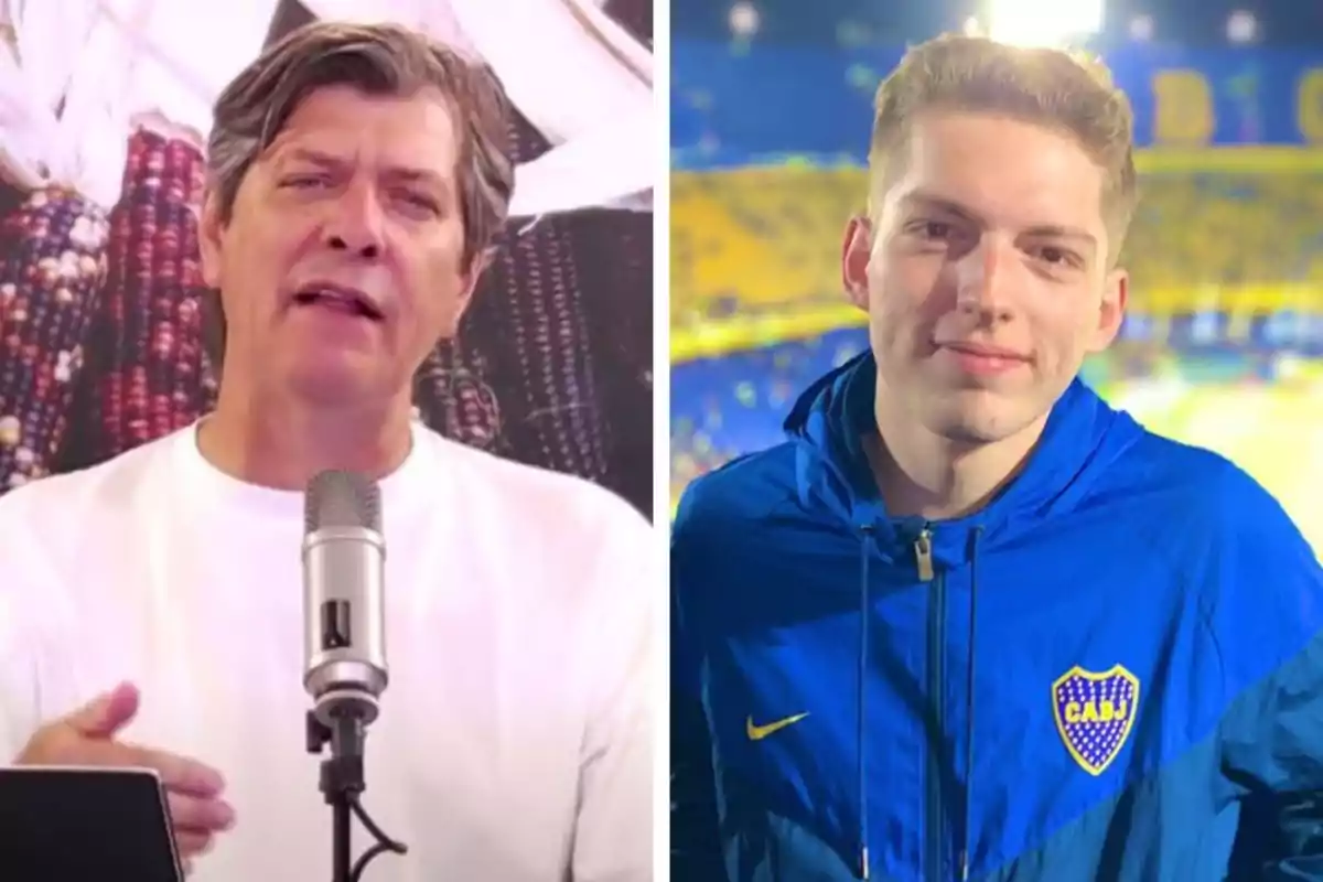 Dos hombres aparecen en una imagen dividida, uno está hablando frente a un micrófono y el otro viste una chaqueta azul con el escudo de Boca Juniors en un estadio de fútbol.