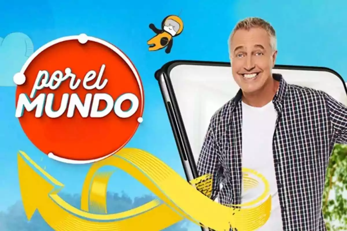Hombre sonriente con camisa a cuadros junto a un cartel rojo que dice por el mundo sobre un fondo azul con una flecha amarilla y un dibujo animado en la parte superior Hombre sonriente con camisa a cuadros junto a un cartel rojo que dice por el mundo sobre un fondo azul con una flecha amarilla y un dibujo animado en la parte superior