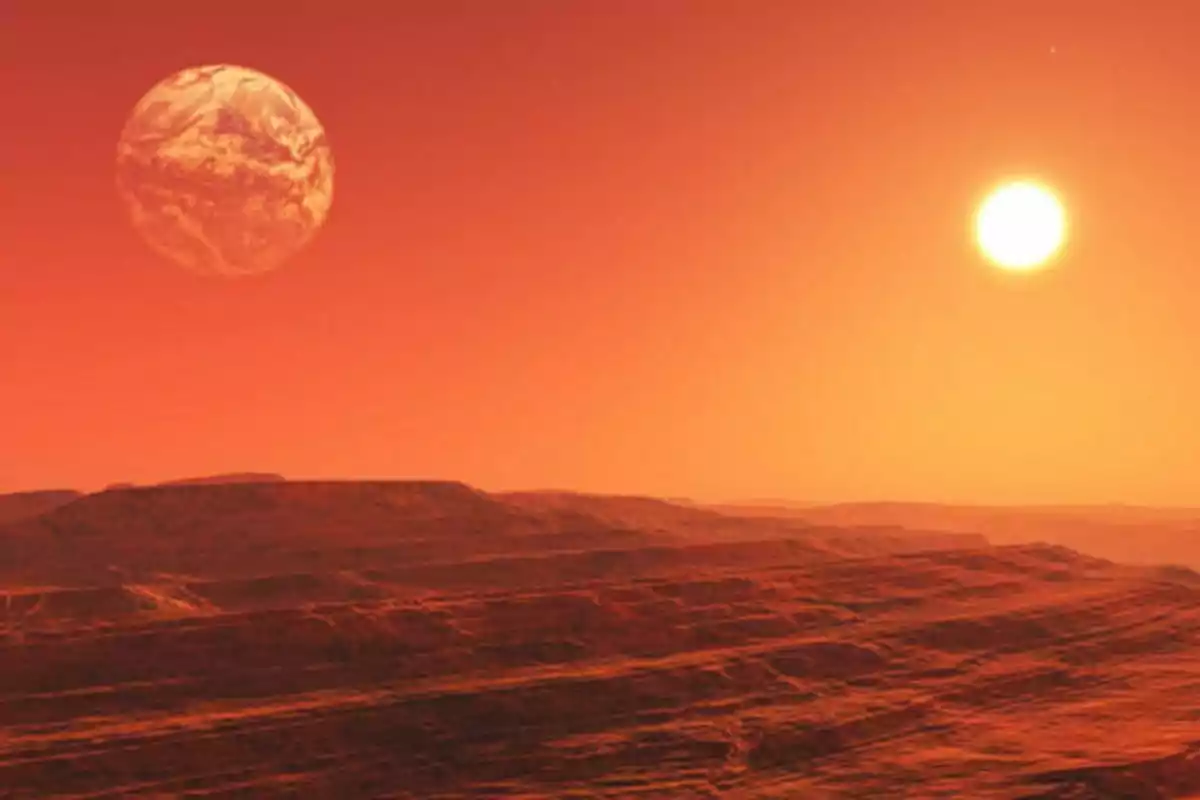Martian landscape with an orange sky, the bright sun, and a planet visible on the horizon Martian landscape with an orange sky, the bright sun, and a planet visible on the horizon