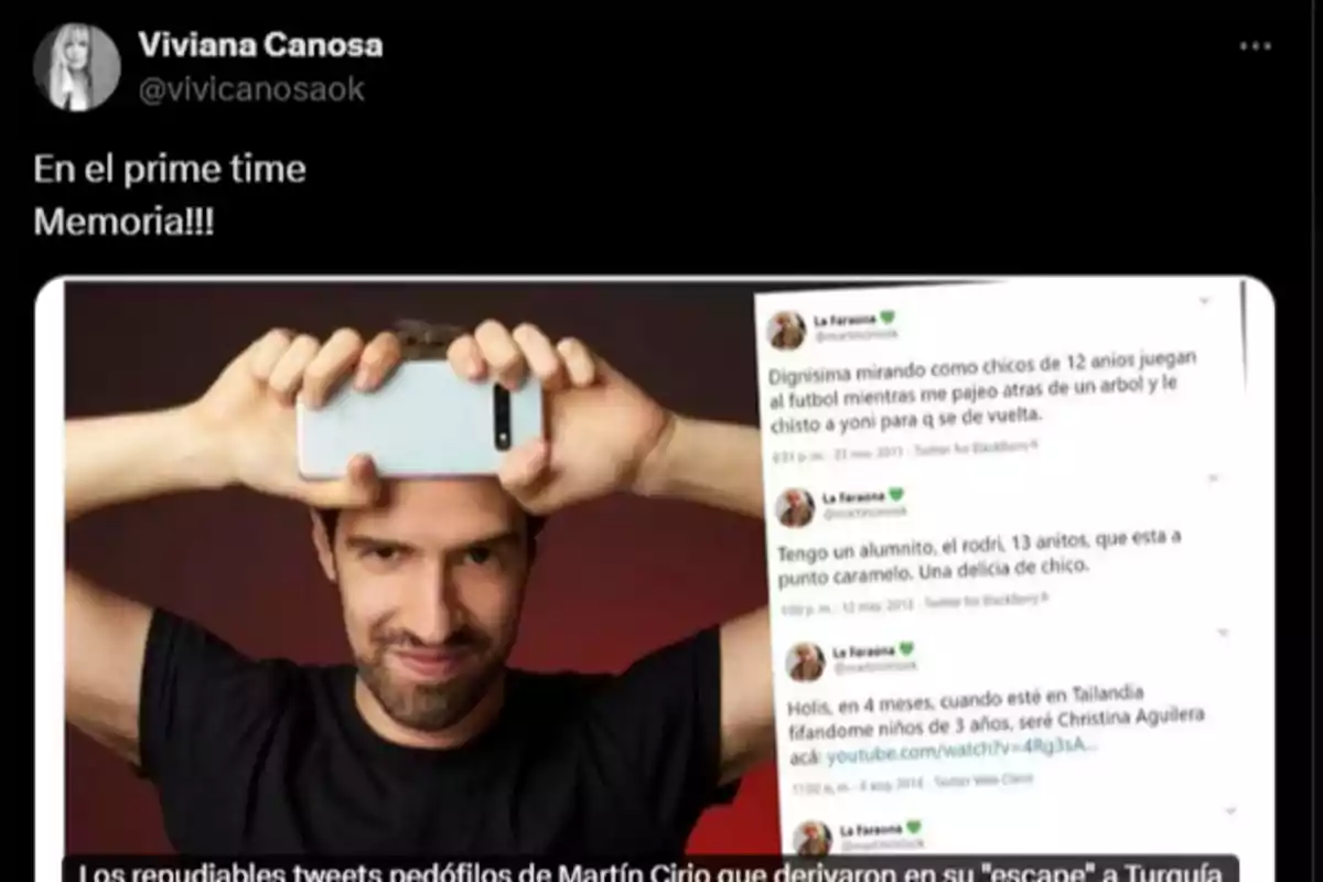 Publicación de Viviana Canosa en Twitter mostrando una foto de un hombre sosteniendo un celular y capturas de tuits antiguos con contenido polémico, acompañada de un mensaje que pide memoria Publicación de Viviana Canosa en Twitter mostrando una foto de un hombre sosteniendo un celular y capturas de tuits antiguos con contenido polémico, acompañada de un mensaje que pide memoria