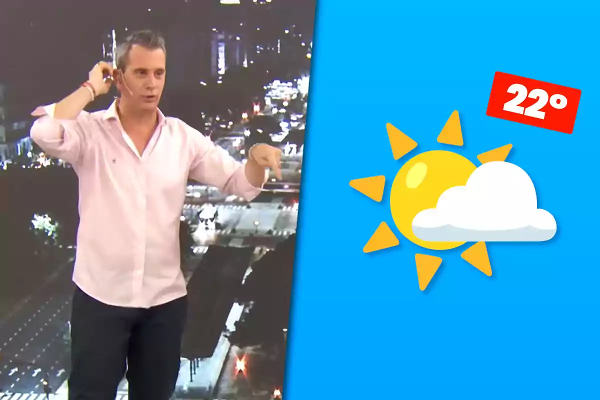 Man in a light-colored jersey presenting the weather with a city background and a graphic of a sun, cloud, and 22-degree temperature on a blue background
