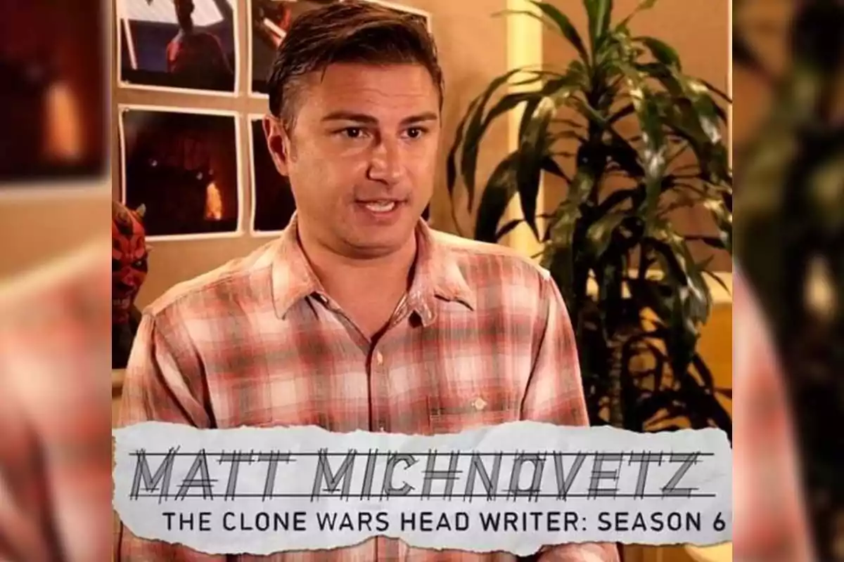 Man in a plaid jersey sitting in front of a plant and some photographs on the wall, with text at the bottom mentioning Matt Michnovetz and his work on The Clone Wars season 6 Man in a plaid jersey sitting in front of a plant and some photographs on the wall, with text at the bottom mentioning Matt Michnovetz and his work on The Clone Wars season 6