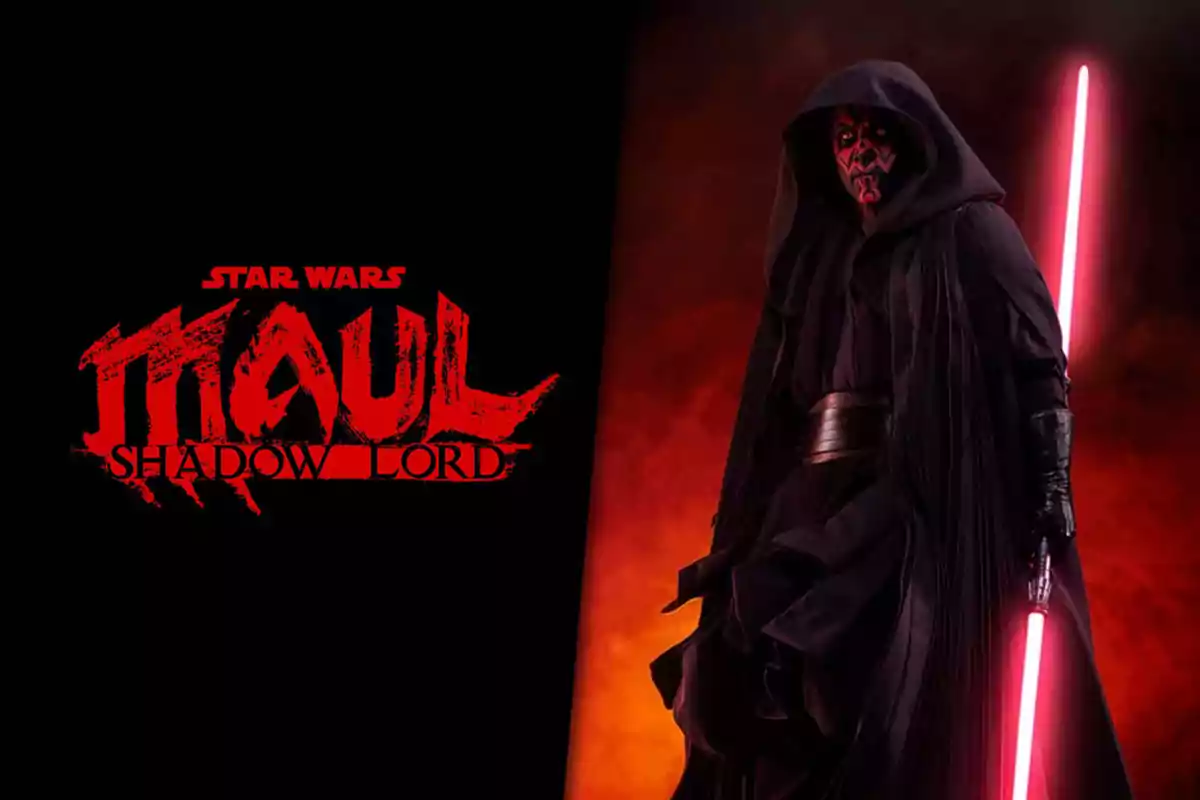 Darth Maul with his red lightsaber and a dark background next to the Star Wars Maul Shadow Lord logo