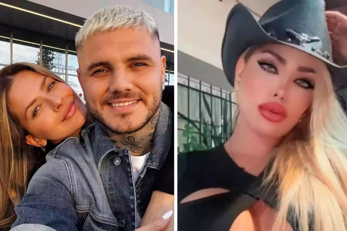 Una pareja sonríe abrazada al aire libre mientras una mujer con sombrero posa con expresión seria en un lugar cerrado Una pareja sonríe abrazada al aire libre mientras una mujer con sombrero posa con expresión seria en un lugar cerrado