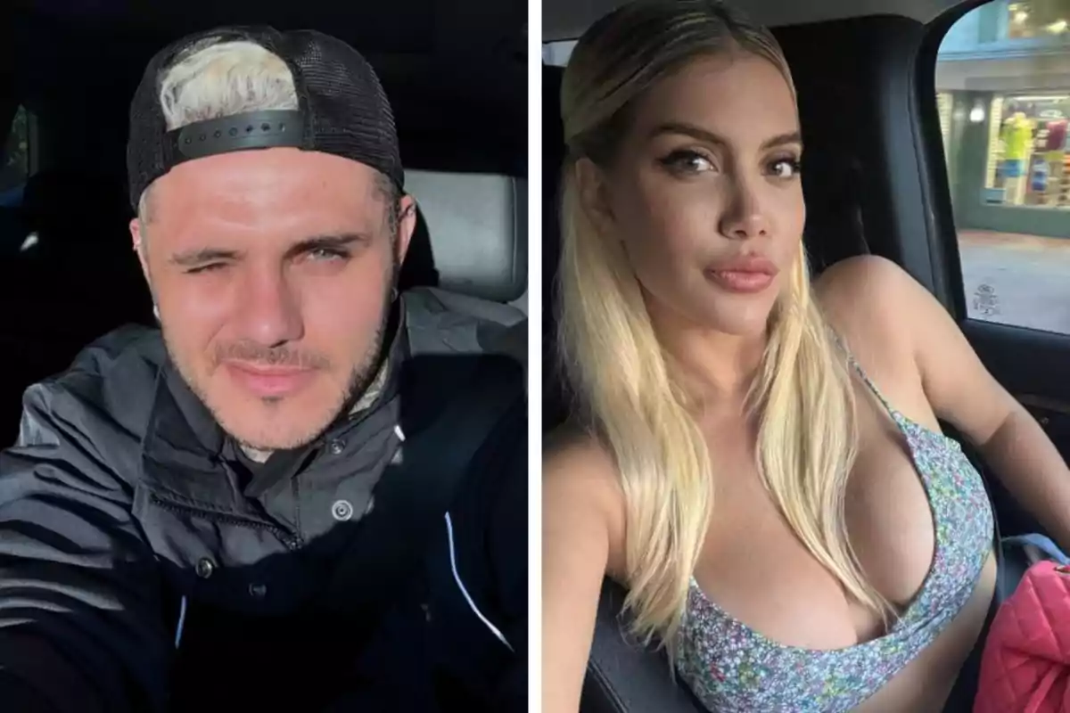 Two people sitting in a car, one with short blonde hair wearing a black cap and the other with long blonde hair wearing a tank top.