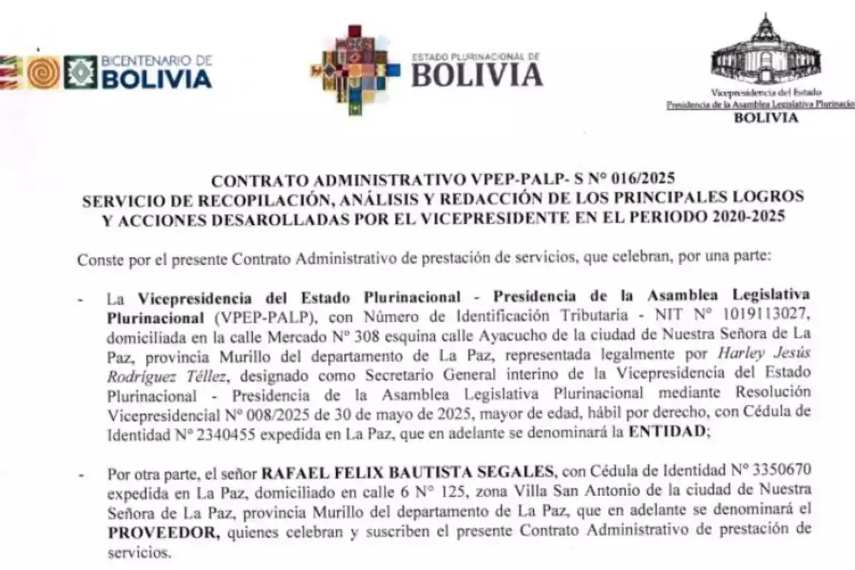Documento oficial de la Vicepresidencia del Estado Plurinacional de Bolivia que corresponde a un contrato administrativo para la recopilación, análisis y redacción de los principales logros y acciones desarrolladas por el vicepresidente en el periodo 2020-2025 Documento oficial de la Vicepresidencia del Estado Plurinacional de Bolivia que corresponde a un contrato administrativo para la recopilación, análisis y redacción de los principales logros y acciones desarrolladas por el vicepresidente en el periodo 2020-2025