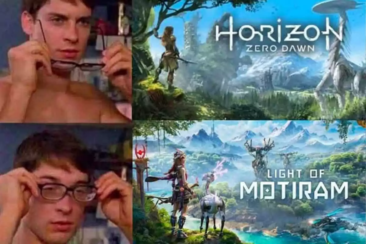 Meme de dos paneles con un joven poniéndose gafas, en el primer panel ve la portada del videojuego Horizon Zero Dawn y en el segundo panel, ya con las gafas puestas, ve una portada similar pero con el título Light of Motiram Meme de dos paneles con un joven poniéndose gafas, en el primer panel ve la portada del videojuego Horizon Zero Dawn y en el segundo panel, ya con las gafas puestas, ve una portada similar pero con el título Light of Motiram