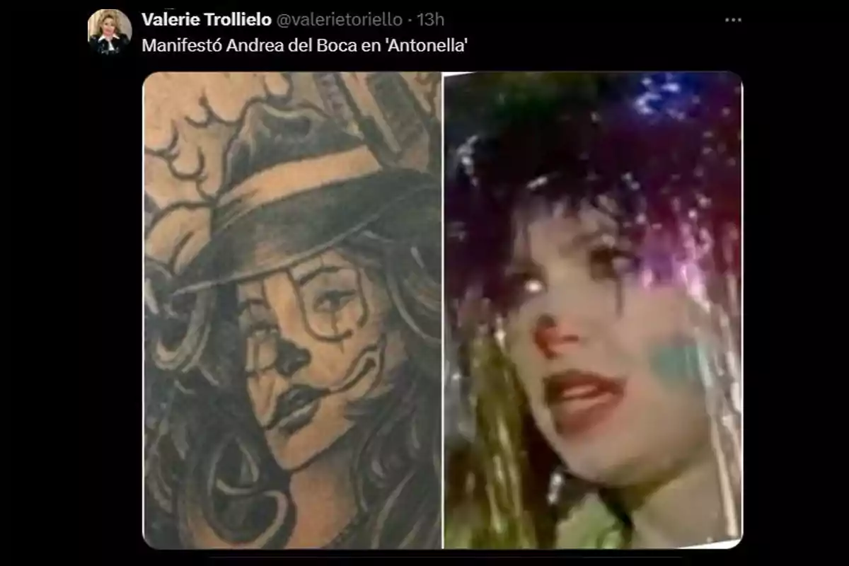 Comparison between a tattoo of a woman with clown makeup and a frame of a woman dressed as a clown with a colorful wig and a red nose. Comparison between a tattoo of a woman with clown makeup and a frame of a woman dressed as a clown with a colorful wig and a red nose.